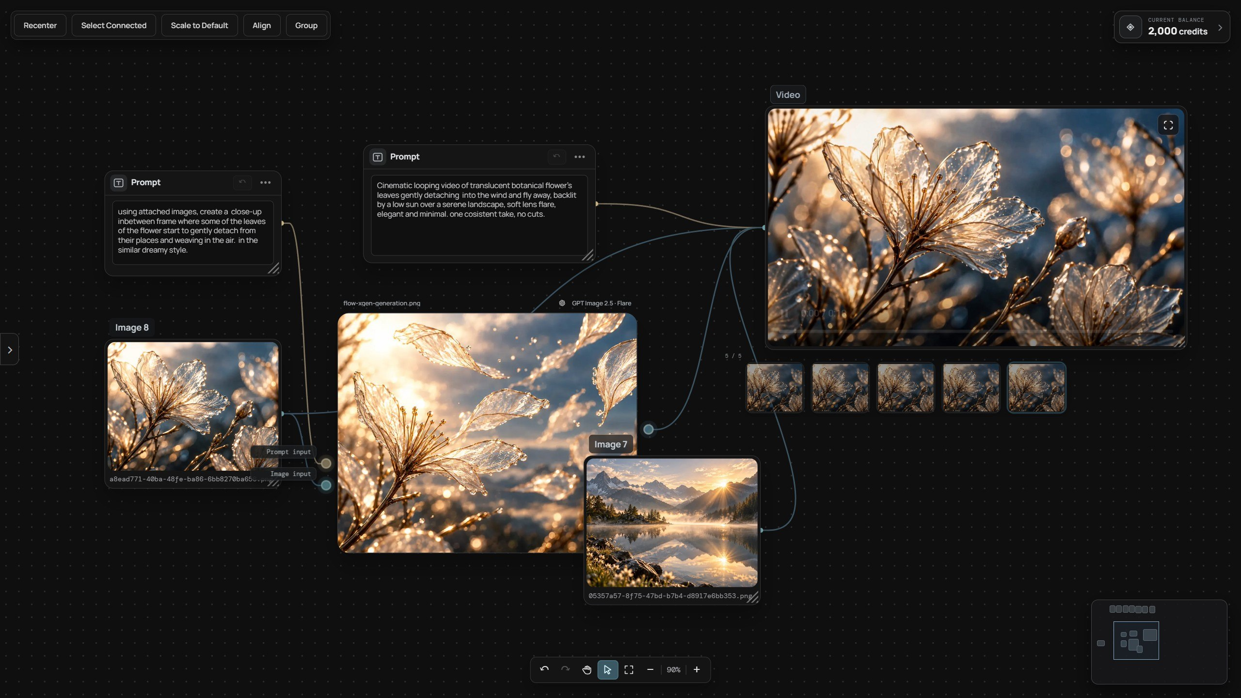 Flow XGen canvas with connected prompts, images and a video generation workflow